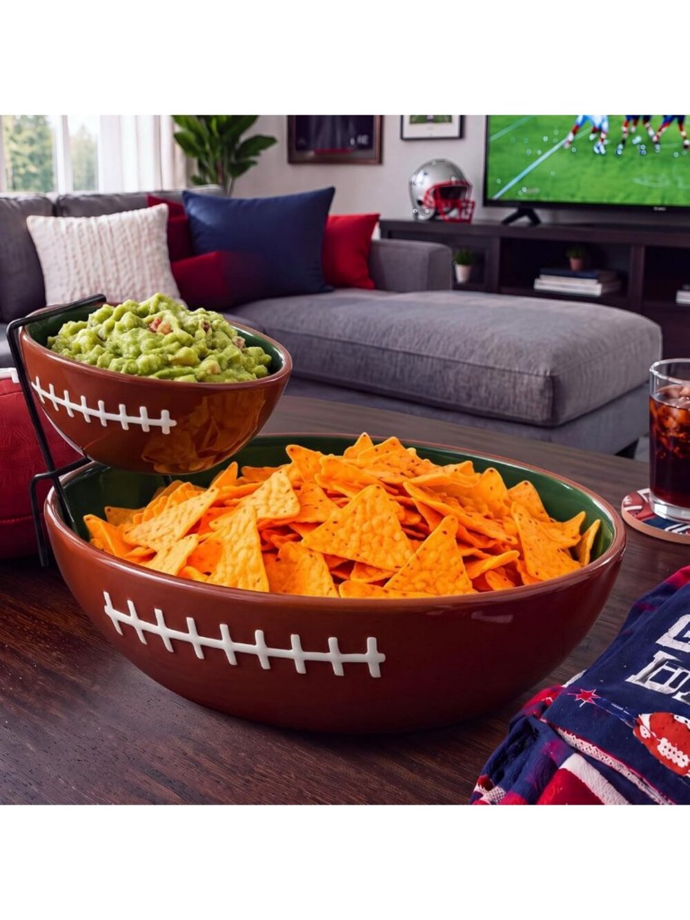 2-Tier Football Chip & Dip Serving Bowl Set with Stand - Perfect for Game Day!